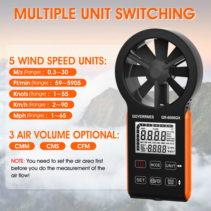 Handheld Wind Meter Digital Anemometer, GR-6000GH Air Flow Speed Wind Speed CFM Meter Measuring Air Speed Air Volume Temperature for HVAC, Boat Sailing, Shooting