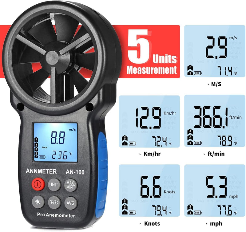 AIOMEST Digital Anemometer, Wind Gauge Wind Gauge Handheld, AI-100 Wind Gauge CFM Wind Speed Meter for Wind Speed Temperature Wind Chill Tester, HVAC