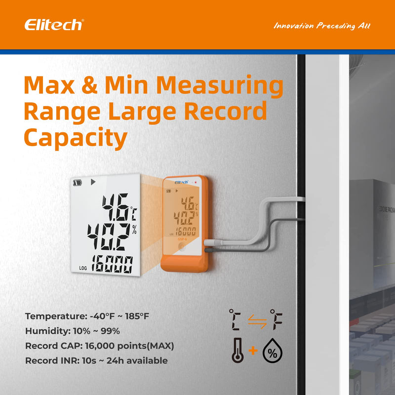 Elitech GSP-6 Temperature Data Logger Temperature Humidity Data Logger 16000 Points Recording Capacity Detector, Free Software Data Export