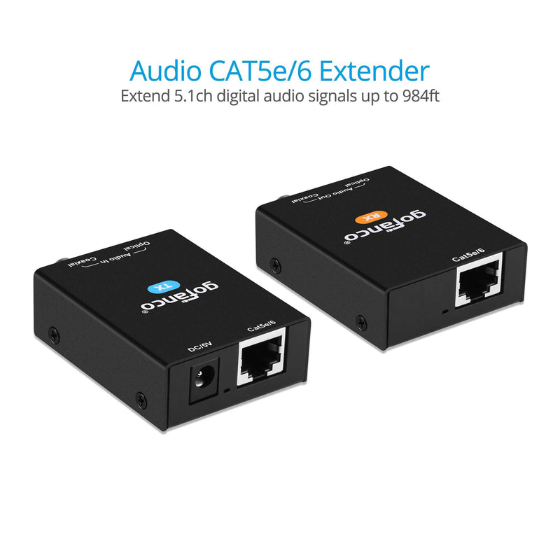 gofanco Coaxial/Optical Toslink Digital Audio Extender Over CAT5e / CAT6 Ethernet Balun – 984ft (300m) Extension, PoC, 5.1-Channel, Dolby Digital 5.1, DTS 5.1, DTS-HD, PCM, Compact (AudioCATExt)