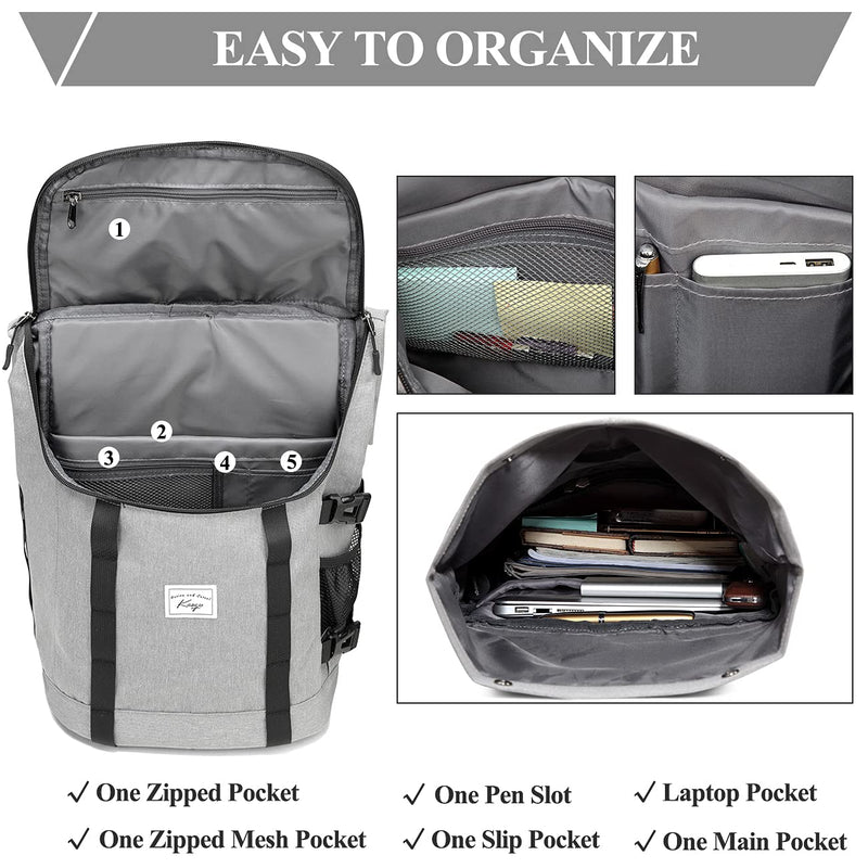 Laptop Backpack for Men Women, Kasqo 17 Inch Large Capacity Water Resistant Multi Pockets Bag, Business Computer Formal Backpack College School Student Casual Bookbag, Light Grey