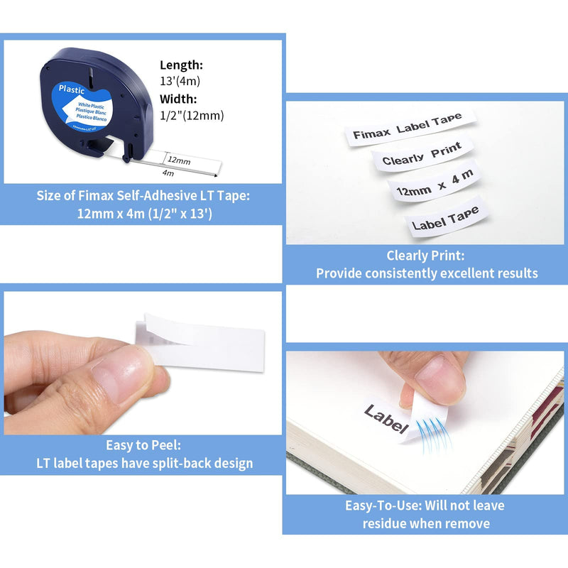 Fimax Label Replacement for DYMO LetraTag Refills 91331 (S0721660) White Plastic Label Tape 12mm x 4m(1/2" x 13') for Dymo Letratag LT-100H LT-100T QX50 (Black on White, 5 Pack)