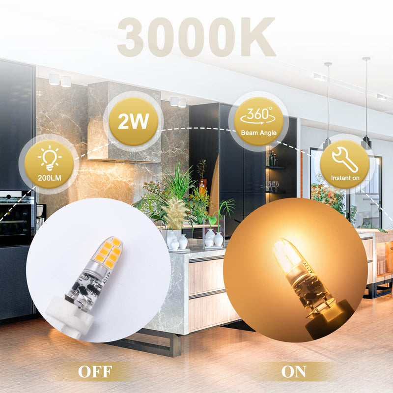 DiCUNO G4 LED warm white, 2W LED bulb replaces 20W halogen, G4 LED bulb 3000K, 200LM, 360°, no flickering, not dimmable, pin base lamp 12V AC/DC, under-cabinet lights, extractor hood, pack of 10 warm white 3000k