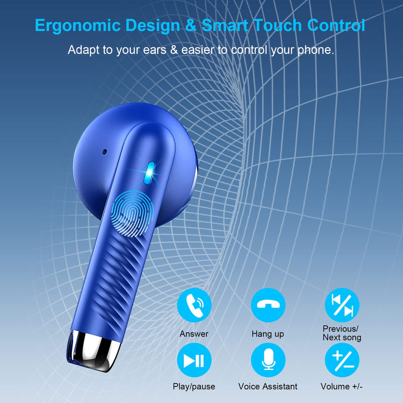 Wireless Earbud, Bluetooth 5.3 Earbud Stereo Bass, Bluetooth Headphones in Ear Noise Cancelling Mic, Earphones I-PX7 Waterproof Sports, 32H Playtime USB C Charging Case Blue Ear Buds for Android iOS dark blue