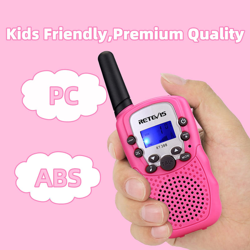 Retevis RT-388 Kids Walkie Talkies, with Rechargeable AAA Batteries,22CH Flashlight FRS,Gifts for Boys Girls 5-13,Spy Toy Outdoor Camping,(Pink,2 Pack)
