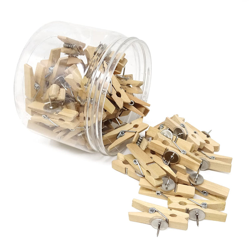 Honbay 50PCS Push Pins with Wooden Clips Thumbtacks Clothespins Paper Clips for Artworks, Notes, Photos