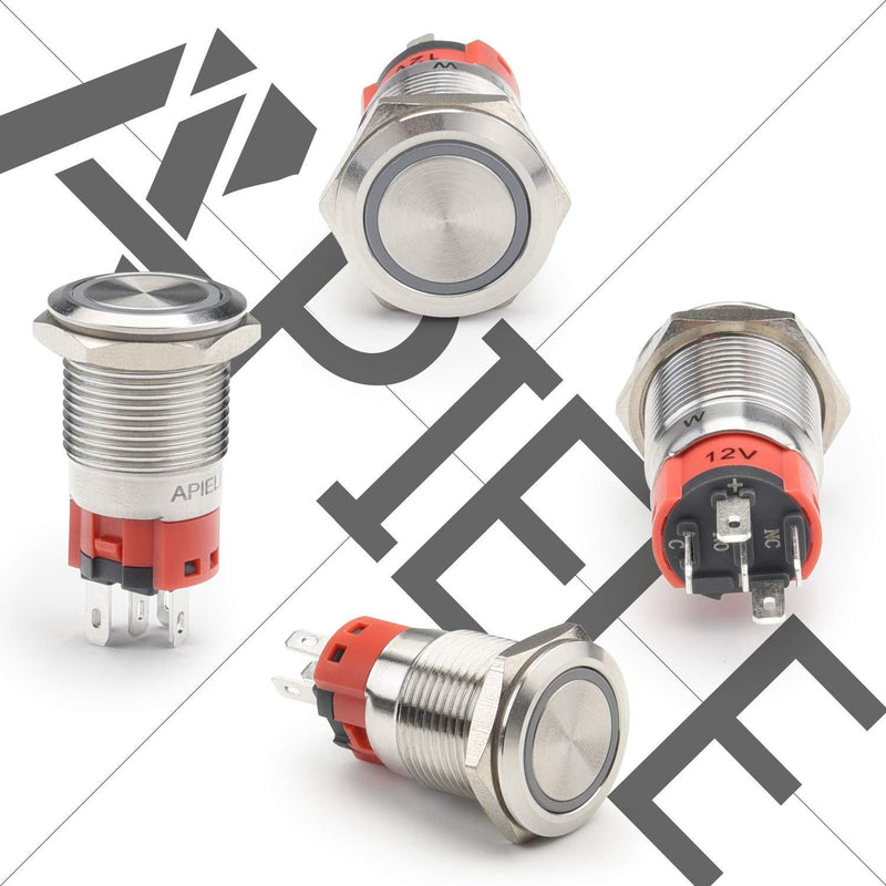 APIELE 16mm Momentary Push Button Switch On Off Stainless Steel with 12V LED Angel Eye Head for 16mm 0.63" Mounting Hole with Wire Socket Self-Reset (Blue) Silver Shell Blue