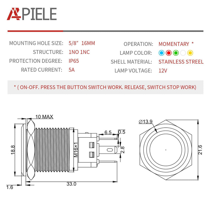 APIELE 16mm Momentary Push Button Switch On Off Stainless Steel with 12V LED Angel Eye Head for 16mm 0.63" Mounting Hole with Wire Socket Self-Reset (Blue) Silver Shell Blue