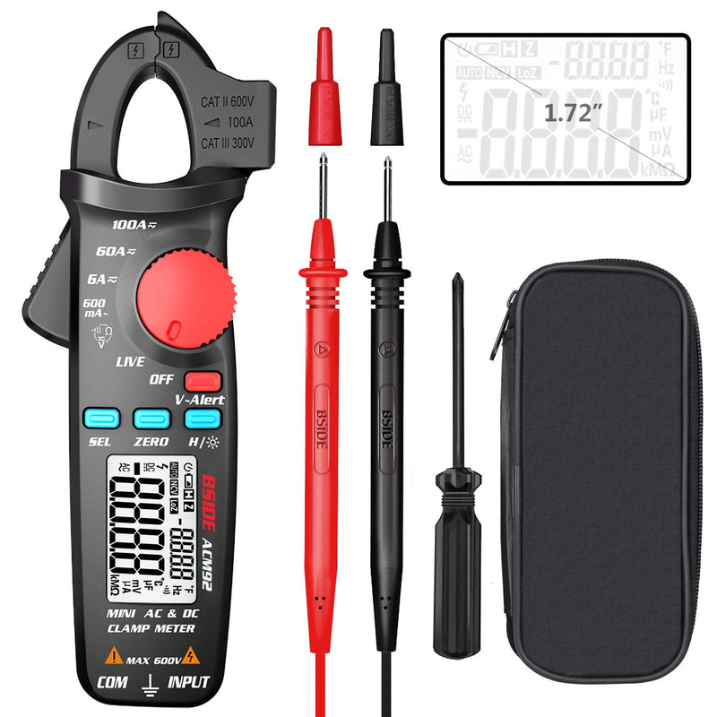 BSIDE DC Current Clamp Meter 6000 Counts Digital Multimeter Amp Continuity Ohm Hz Live Check V-Alert Voltage Tester with Back Clip ACM92