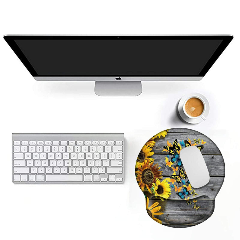 Ergonomic Mouse Pad with Wrist Support Gel Mouse Pad with Wrist Rest, Cute Gaming Mousepad Butterfly Sunflower Design Smooth Surface Non Slip Rubber Base for Computer Home Office with a Coasters