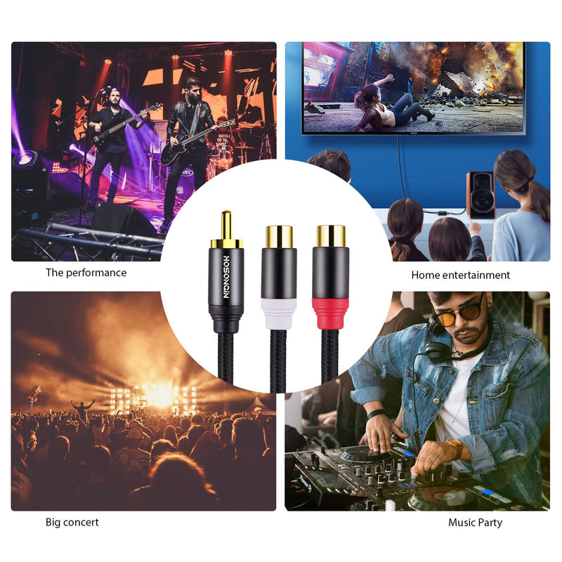 Subwoofer Cable RCA Splitter 1 Male to 2 Female, HOSONGIN RCA Y Adapter Splitter Cable with Black Cotton Braided Jaket and Gold-Plated Plug, 2 Pack/Length: 12 inch