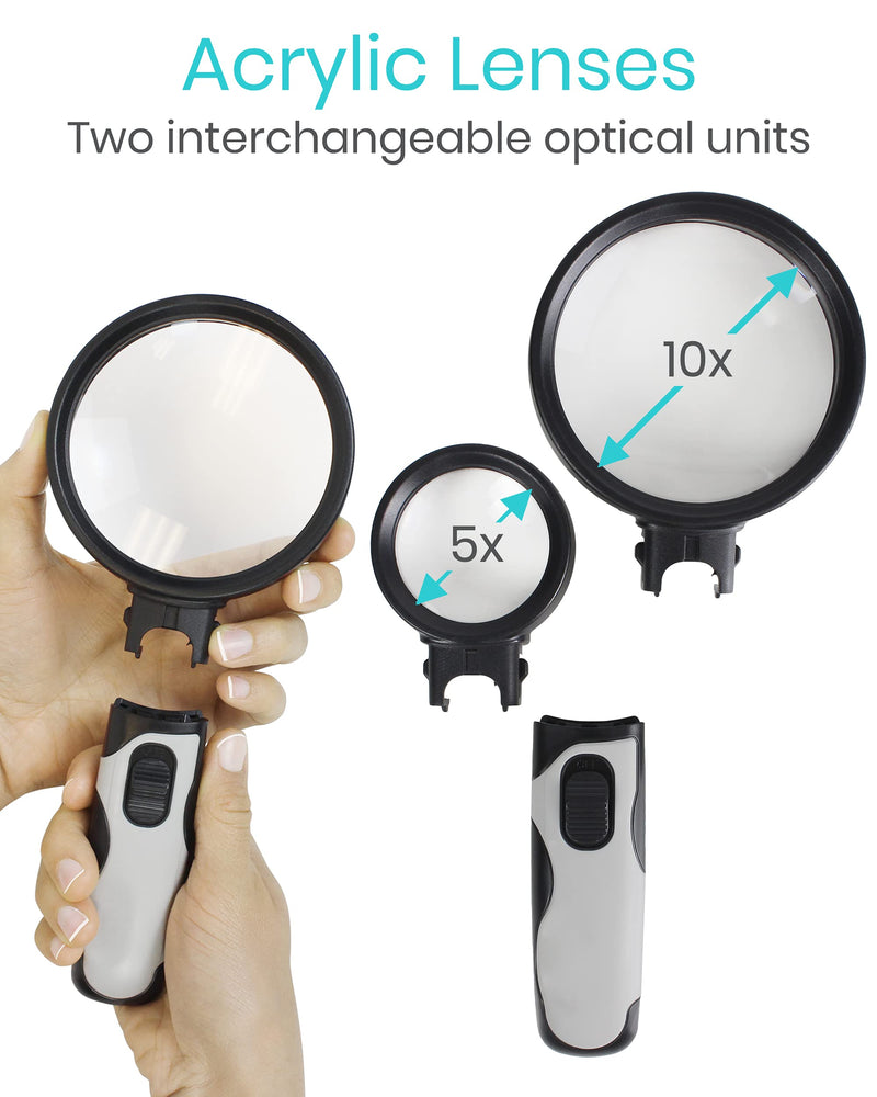 Vive LED Lighted Magnifying Glass - Page Magnifier for Reading - Kids Handheld Glasses - Large, Portable 5x 10x Lenses - Jewelry Loupe with Light - Anti Glare Zoom for Seniors - Lightweight, Magnified