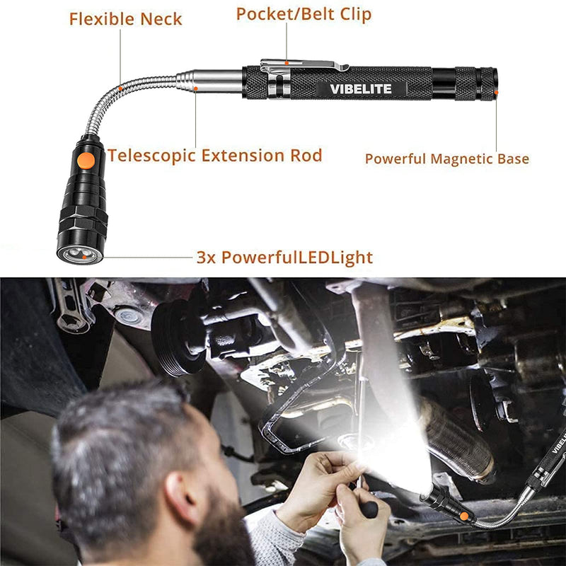 VIBELITE Magnet 3 LED Magnetic Pickup tool, Telescoping Flexible Extensible Led Flashlights,Perfect Mechanic pick-up tools gifts for men, 4 x LR44 Batteries (Included) 1Pack Light Black