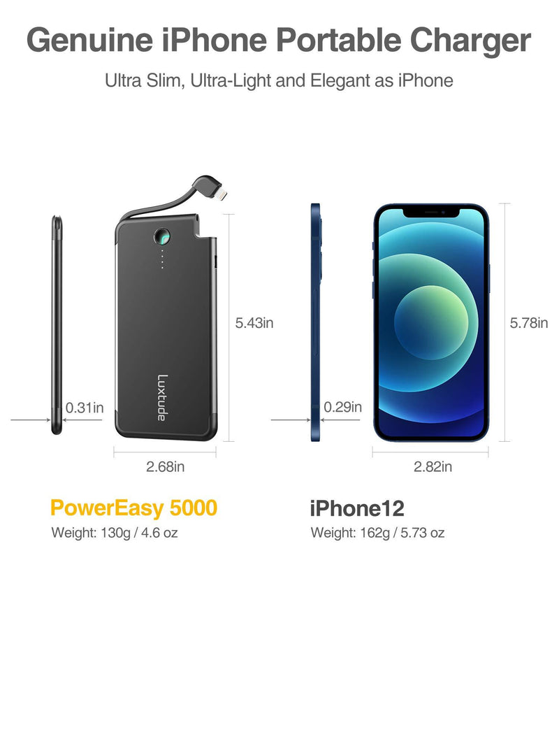 Luxtude 5000mAh Portable Charger for iPhone, Ultra Slim Mfi Apple Certified External Battery Pack Built in Lightning Cable, Fast Charging Power Bank for iPhone 12/11 Pro/X/XR/XS Max/8/7/6S/6 Plus/6. 1. 5000mAh-Black