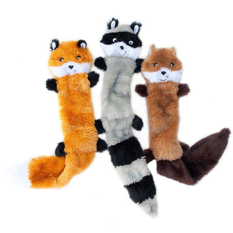 ZippyPaws - Skinny Peltz No Stuffing Squeaky Plush Dog Toy, Fox, Raccoon, and Squirrel Large 3 Skinny Peltz