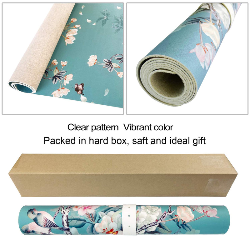 SANFORIN Multifunctional PU Leather Office Desk Pad 35.4''X15.7'' with Floral Design + Mouse Pad 10.2''×8.3''×0.12'', Extended Large Non Slip Ultra Thin Waterproof Desk Writing Mat (Chinese Flower)