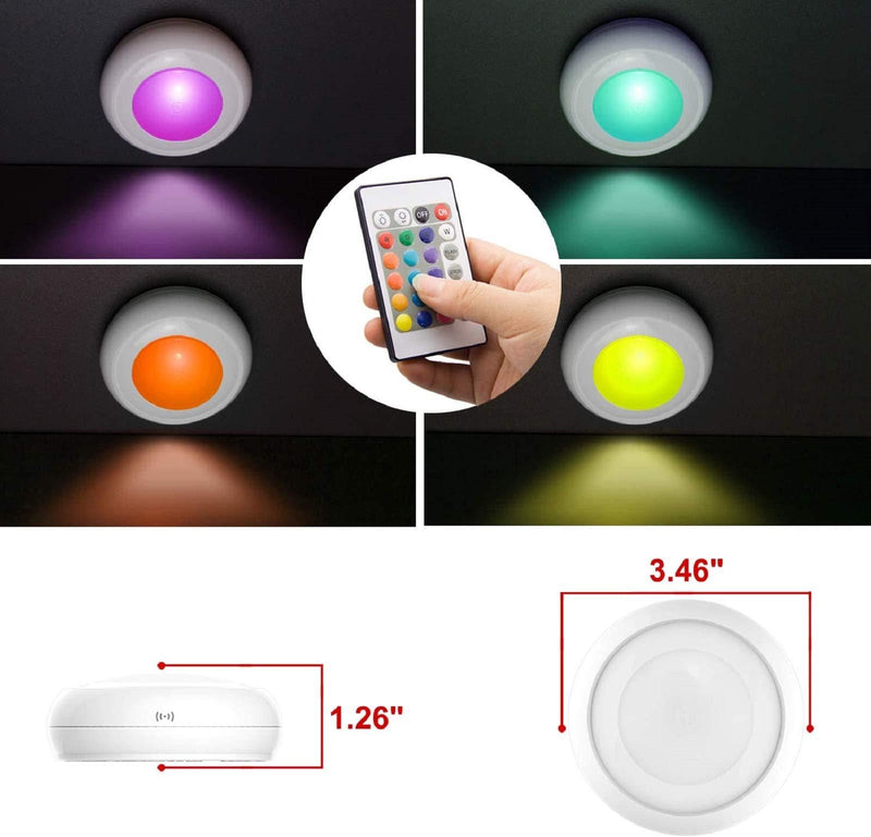 LUXSWAY Battery LED Color Puck Lights| Stick Up Push Lights with Remote| 16 Color Changing LED Fairy Lights| Wireless Tap Lights| Dimmable Under Cabinet Light| Battery Powered RGB Night Light -4Pack