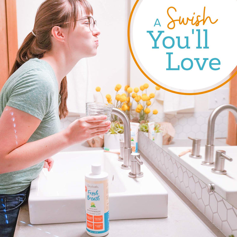Premium Oxyfresh Lemon Mint Fresh Breath Mouthwash – Oral Rinse for Bad Breath – SLS & Fluoride Free Mouthwash – Alcohol Free, Gentle Non Burning Mouthwash with Xylitol & Essential Oils, 16 oz Top Seller 16 Ounce