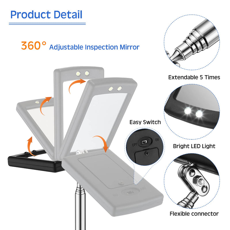 2 Pieces Lighted Telescoping LED Inspection Telescoping Mirror Flexible Telescoping Mirror Round Mirror Handle Telescoping Pickup Tools Present for Christmas, Birthday Father's Day Everyday Carry