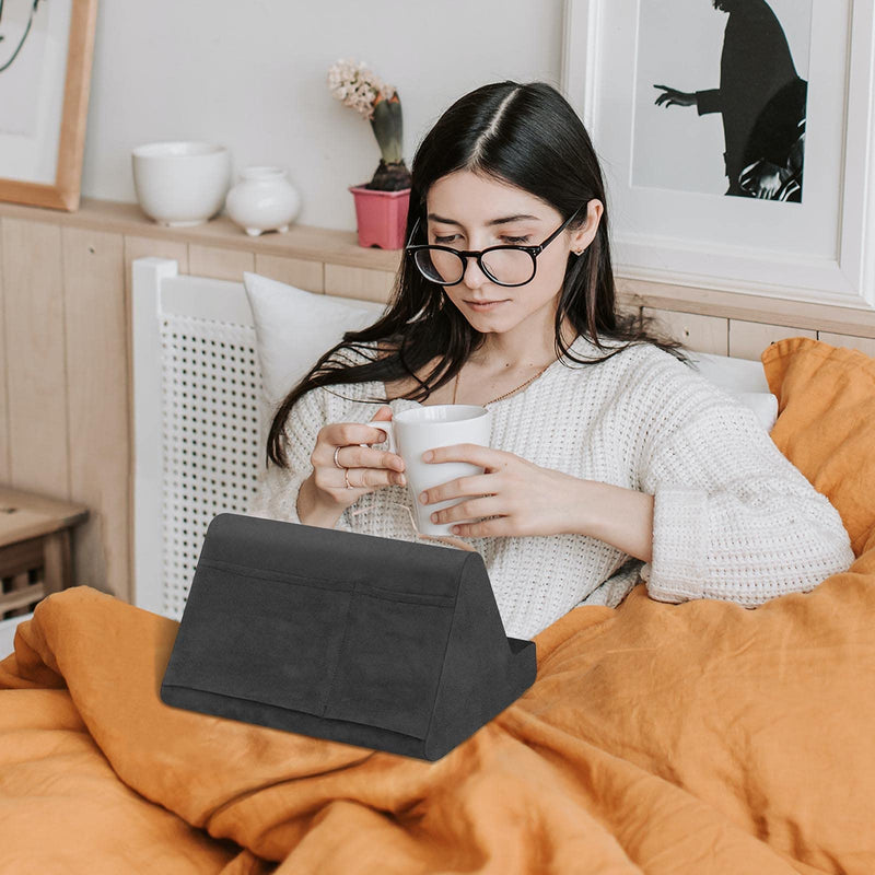 Soft Tablet Stand Pillow with Pocket,Tablet Cushion Stand,Adjustable 3 Viewing Angle,Lazy Holder Stand for Bed Sofa,Compatible with iPads Tablets eReaders Smartphones Books Magazines (Black) Black