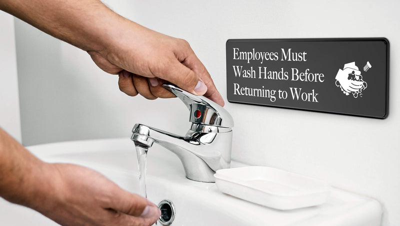 Employees Must Wash Hands Before Returning To Work Sign - 3" x 9" - Ideal for Wall, Door or Sink- Perfect Signs for Staff Bathroom, Washing Station, Restaurant or Commercial Kitchen for Food Health and Safety Compliance