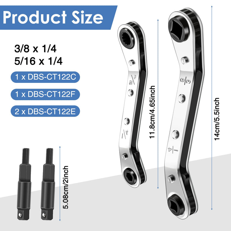 Hvac Service Wrench Refrigeration Service Wrench Set, 3/8 to 1/4, 5/16 x 1/4, Ratchet Wrench Refrigeration Tool Set Air Conditioner Valve with Hexagon Bit Adapter Kit for Equipment Repair