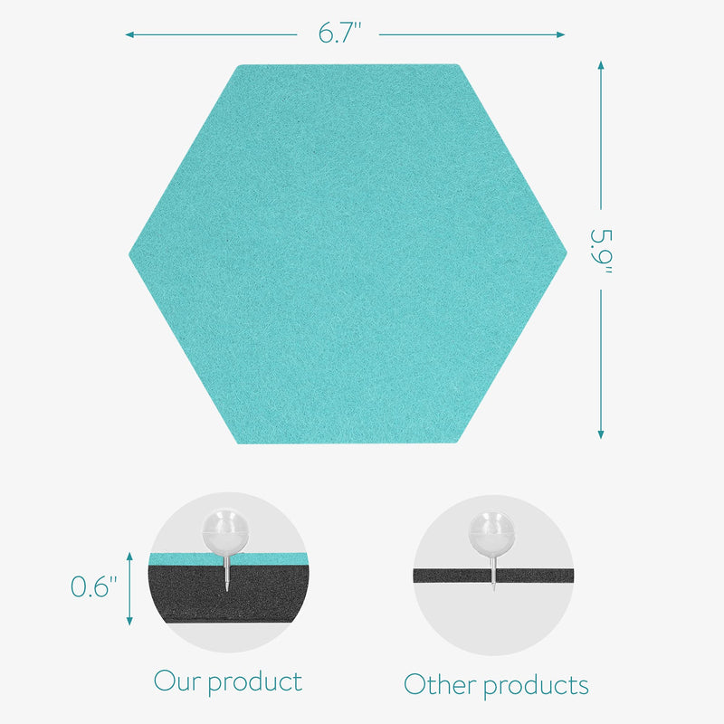 Navaris Hexagon Felt Board Tiles - Set of 12 Notice Memo Bulletin Boards with Push Pins and Double-Sided Tape 5.9" x 6.7" - Dark Gray, Turquoise Dark Grey, Turquoise