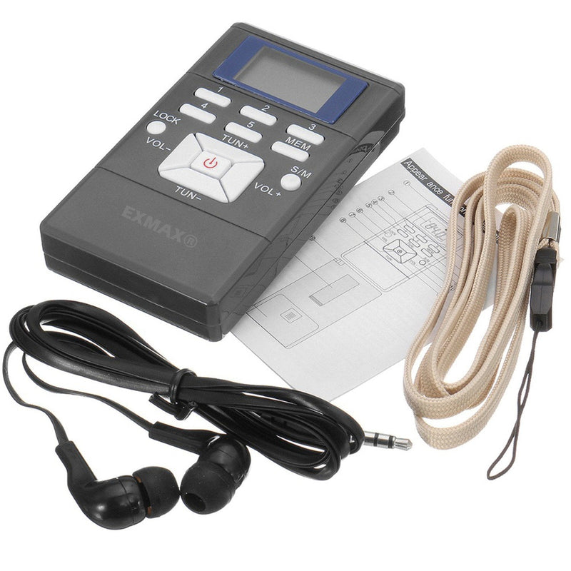 EXMAX® EXG-108 Wireless Stereo FM Radio Receiver Portable Pocket Small Mini FM Radio Receiver Earbuds LCD Clock Earphone for FM Translator Tour Guide System Jogging Running Walking Yardwork - Gray