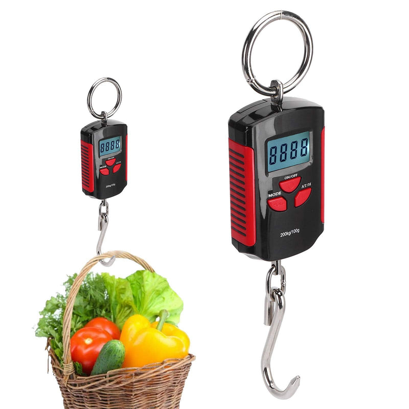 Electronic Scale with Hook, 200kg Portable Digital LCD Display with Backlight kg/lb/jin Crane Scale, Durable Multi-Purpose Electronic Scale for Fish Hunting (Red Frame)
