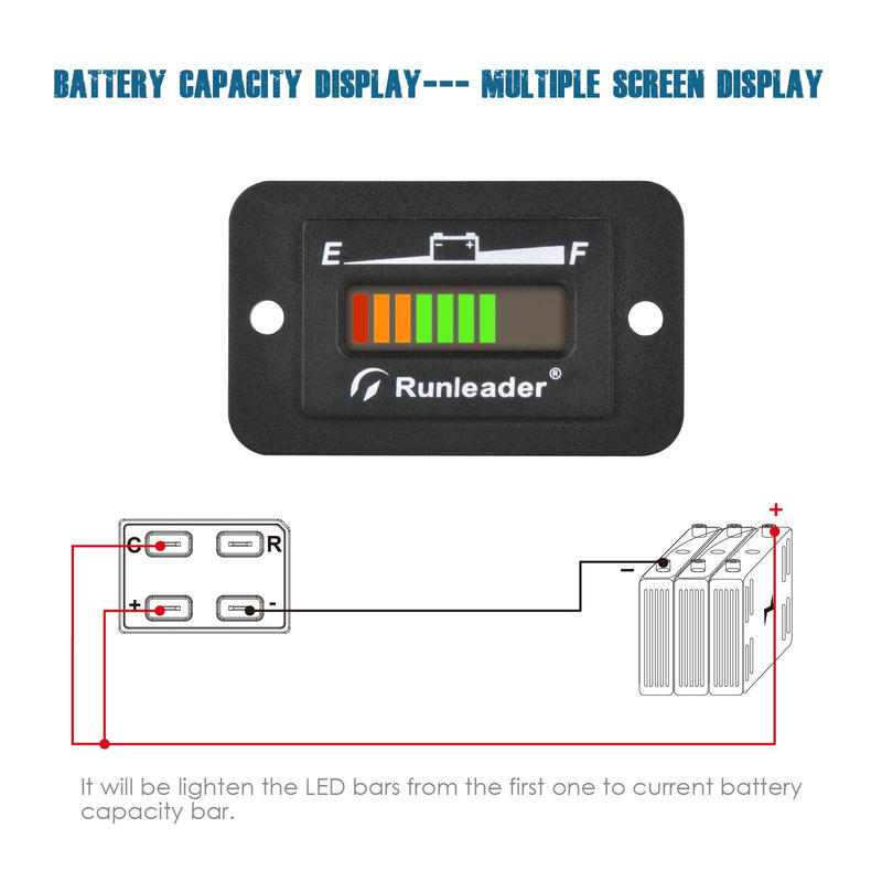 Runleader 12V 24V 36V 48V LED Battery Indicator, Battery Capacity Meter,Monitor of Battery Charge &Discharge for Golf Cart Electric Vehicle Star Car Stacking Machine Alternator. (12/24V) 12/24V