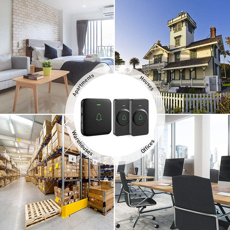 Wireless Door Bell, AVANTEK CB-21 Mini Waterproof Wireless Doorbell Operating at Over 1000 Feet, 2 Remote Buttons Can Have Different Tones, 52 Melodies, CD Quality Sound and LED Flash Black