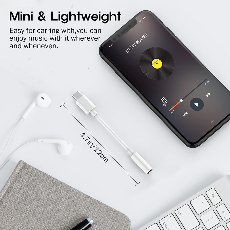 USB C Digital to 3.5 mm Female Headphone Jack Adapter, Type C Aux Audio Dongle Converter for iPad Pro 11" 12.9" 2018/2020/Google Pixel/5 4 3 2/ XL/Samsung S21 S20 Ultra Z Flip S20+ Note 20 S10 S9 Plus USB-C Adapter - White