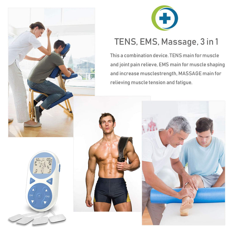 TENS Unit Muscle Stimulator EMS Pulse Massager 2020 Upgrade 3-in-1 Combination with Independent 2 Channels, 32 Preset&2 Manual Modes Professional Handheld Electrotherapy Device for Body Pain Relief