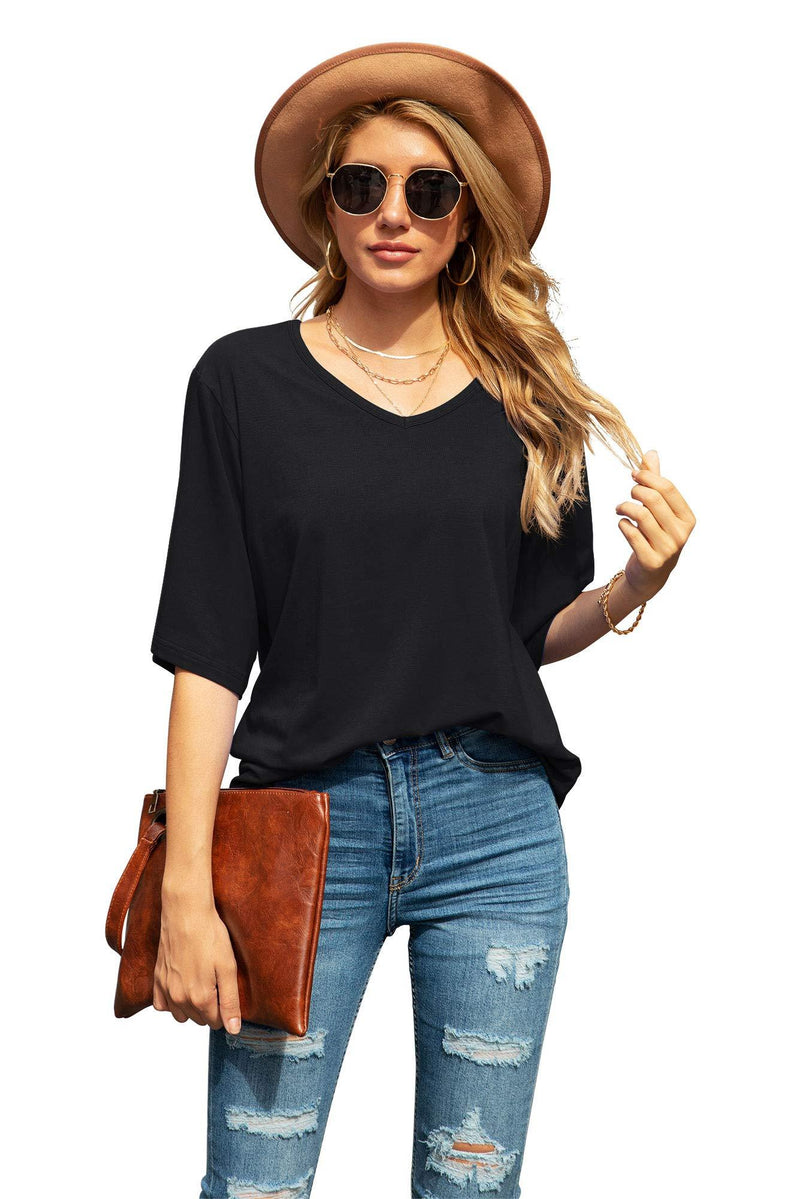 SUEANI Women's Blouse Tops Loose V Neck 3/4 Bell Sleeve Shirt Small A-01- Black