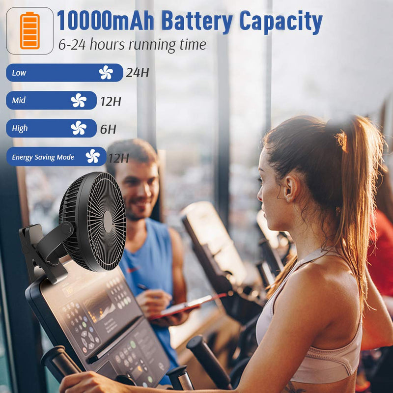 KOONIE 10000mAh Rechargeable Portable Fan, 8-Inch Battery Operated Clip on Fan, USB Fan, 4 Speeds, Strong Airflow, Sturdy Clamp for Office Desk Golf Car Outdoor Travel Camping Tent Gym Treadmill Black