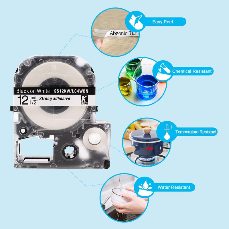 Absonic Compatible Label Tape Replacement for LK-4WBN LK-4LBP LK-4RBP LK-4YBW LK-4GBP for Epson LabelWorks LW-300 LW-400 LW-500 LW-600P LW-700 LW-900 LW1000P Label Maker, 1/2" x 26', 12mm x 8m, 5-Pack