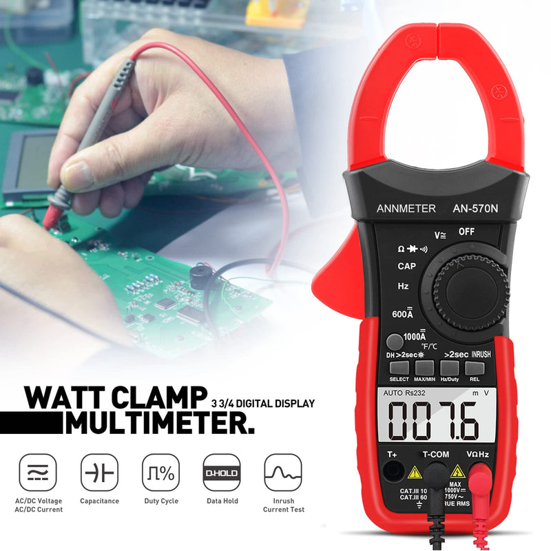 Digital AC DC Inrush Current Clamp Multimeter, 6000 Counts TRMS Auto Range DMM Meter for AC/DC Volt Amp Ohm Temp Duty Hz, Multi-Tester for Voltage Current Resistance Capacitance (ANNMETER AN-570N) 6000 counts & Inrush