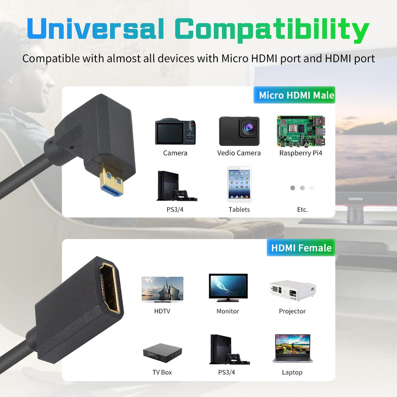 Duttek 90 Degree HDMI to Micro HDMI Cable 8K, Short Extreme Thin Down Angled Micro HDMI Male to HDMI Female Extension Cable Supports 48Gbps 8K Ultra HD Video ect.1FT/30cm Down angled male to female