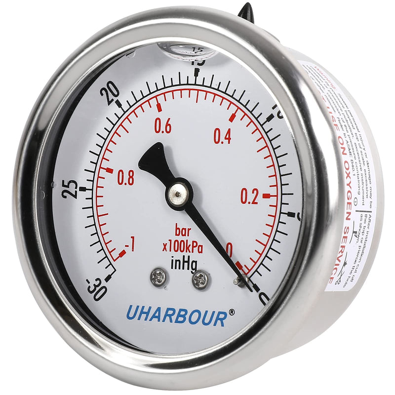 UHARBOUR Glycerin Filled Vacuum Pressure Gauge, 2-1/2" Clear dial,1/4"BSPT Back Connection, Stainless Steel Case, Brass Movement, Dual Scales -30inHg/-1BAR-0… （-30inHg-0） Back Mount