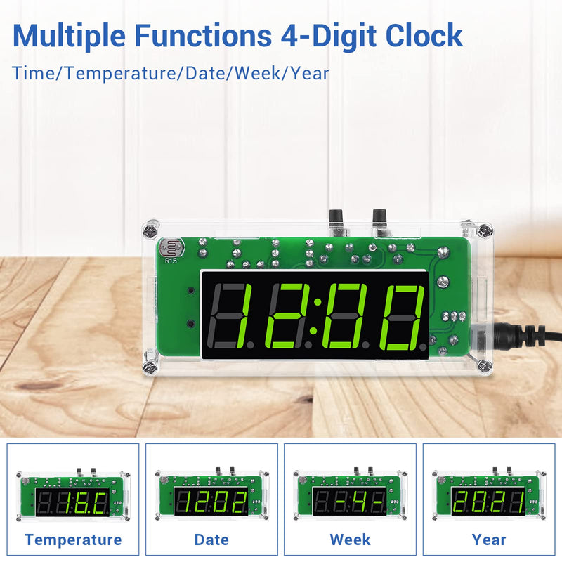 MiOYOOW TJ-56-428 4-Digit Digital DIY Clock Kits with Acrylic Shell, DIY Alarm Clock Soldering Practice Kit for Students and DIYers, DIY Electronics Kit for Learning Electronics 4 Digit Multifunctional Clock Kit