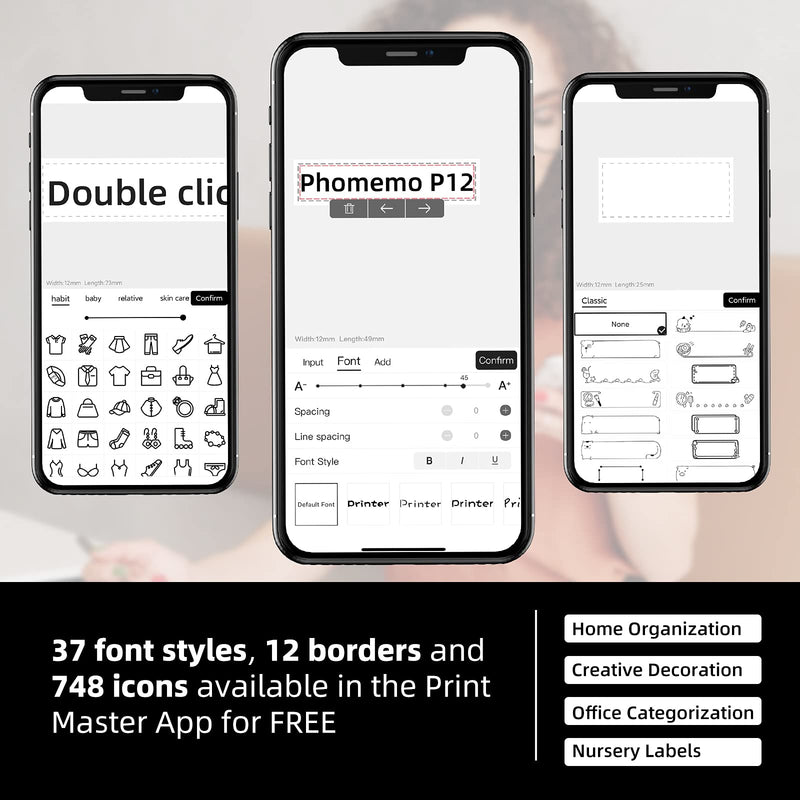 Phomemo P12 Label Maker Machine with Tape, Bluetooth Label Maker with 37 Font Styles, 12 Frames and 738 Icons to Create Labels for Labeling Home & Office, with 1 Roll 0.47" Label Tape Refill Black