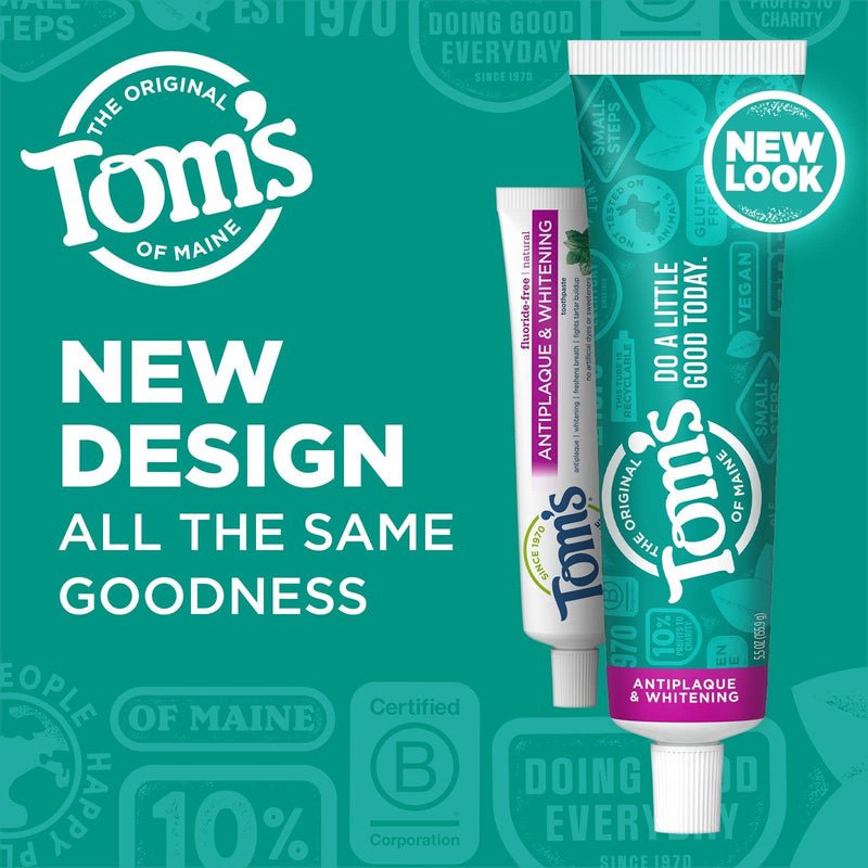 Tom's of Maine Fluoride-Free Antiplaque & Whitening Natural Toothpaste, Peppermint, 5.5 oz. 2-Pack 5.5 Ounce, 2 Pack