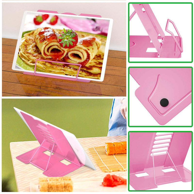 Book Stand,SONNLYH Metal Book Stands, Adjustable Book Holder Tray and Page Paper Clips-Cookbook Reading Desk Portable Sturdy Lightweight Pink Pink Bookstand