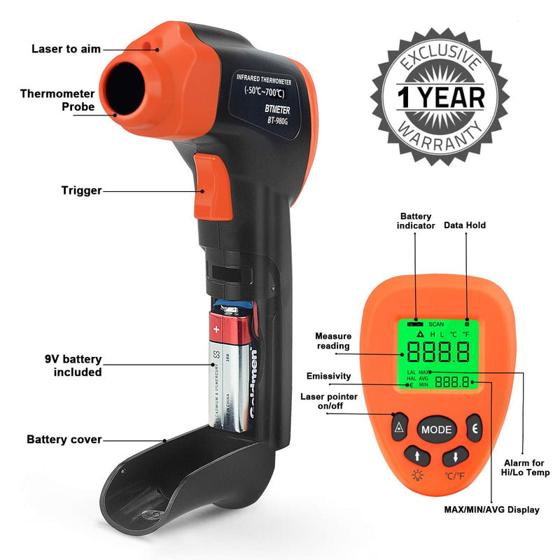 BTMETER 980G Non-Contact Digital Infrared Thermometer-16:1 High IR Laser Temp Gun for Kitchen Cooking Grilling Automotive (-58℉-1292℉) (NOT for Human Temp) BT-980G(-50~700℃, D:S 16:1)