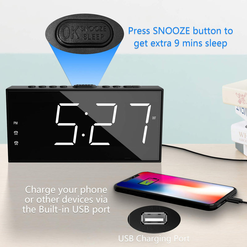 Alarm Clock for Bedroom, 2 Alarms Loud LED Big Display Clock with USB Charging Port, Adjustable Volume, Dimmable, Snooze, Plug in Simple Basic Digital Clock for Deep Sleepers Kids Elderly Home Office White Digits