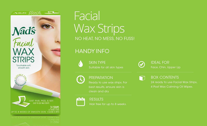 Nad's Facial Wax Strips, Fragrance free, 24 Count (Pack of 2)