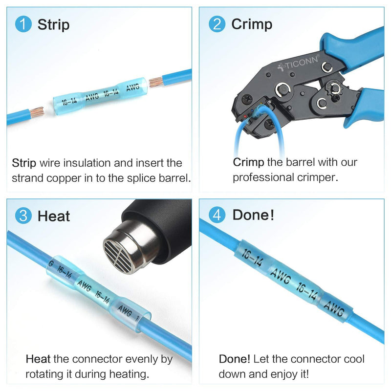 TICONN 200PCS AWG 16–14 Heat Shrink Butt Connectors Kit, Insulated Waterproof Electrical Marine Automotive Wire Crimp Terminals, Butt Splice (Blue200PCS) Blue200PCS