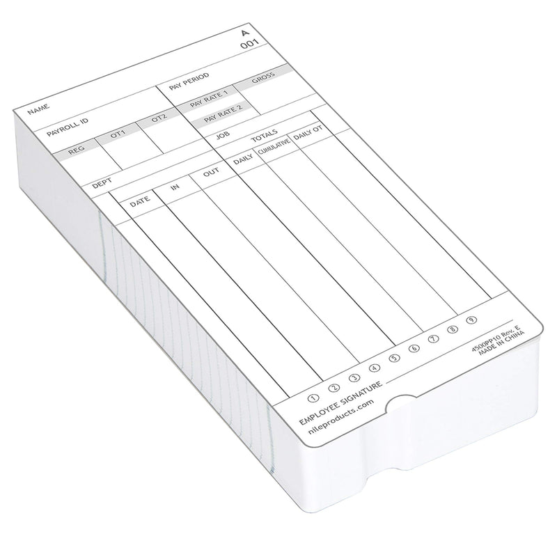 Nile Products, 4500PP10, genuine and authentic time cards for the Nile Products model number 4500PP calculating time clock, 100 per pack, time cards