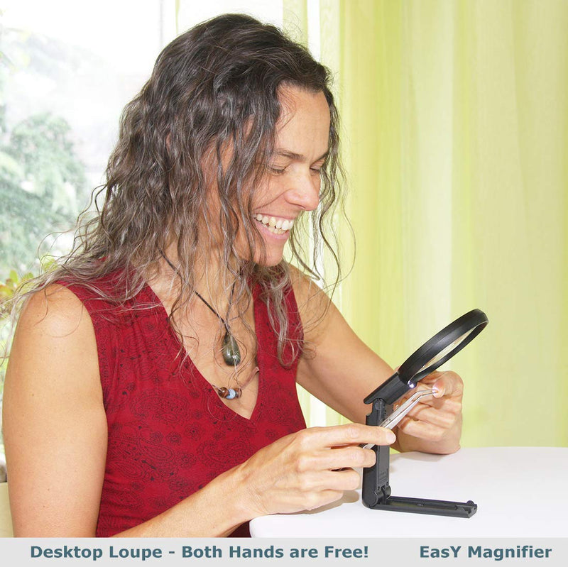 EasY Magnifier Large Magnifying Glass 2X Hands Free with Bright LED Light; Acrylic Spot Lens 4X; Lighted Desktop Loupe for Reading, Work; Macular Degeneration Aid; Ideal Gift for Visually Impaired
