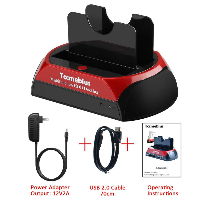 Tccmebius Hard Drive Docking Station, TCC-S867-US USB 2.0 to 2.5 3.5 Inch SATA IDE Dual Slots External HDD Enclosure, for 2.5" 3.5" IDE SATA I/II/III HDD SSD